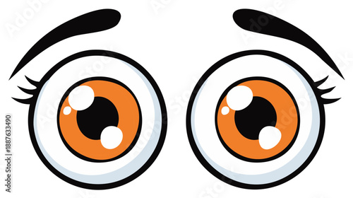 Wide eyed cartoon character eyeballs with raised eyebrows and orange irises vector illustration
