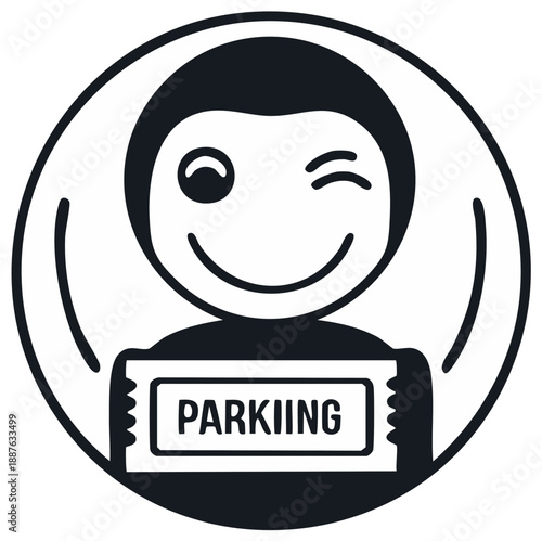 Smiling character with winking eye holding parking ticket, cartoon illustration