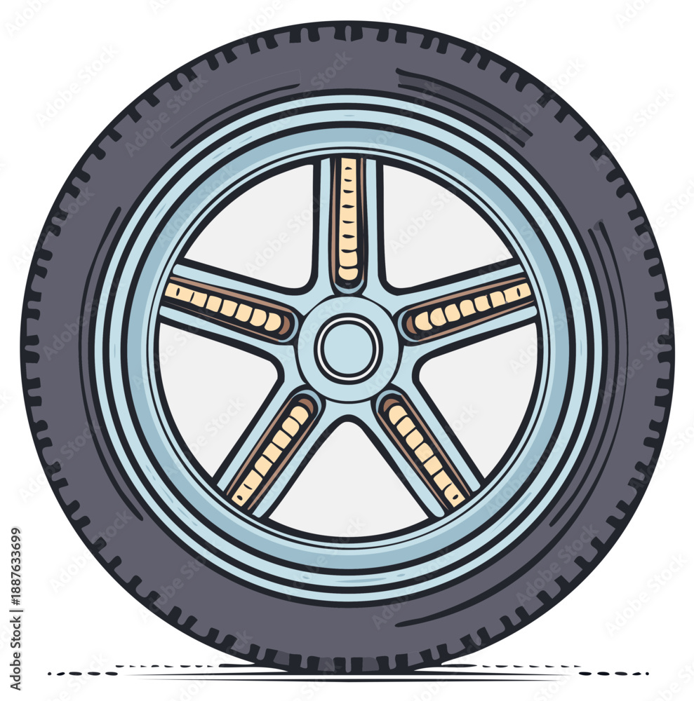 Fototapeta premium Stylized illustration of a car wheel with five spoke rim design in light blue, dark grey tire, vector illustration