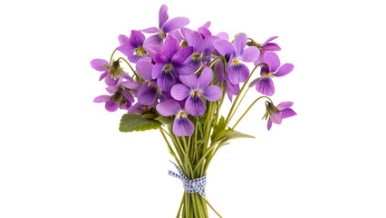 Fresh purple violets tied together with a blue ribbon isolated on transparent background