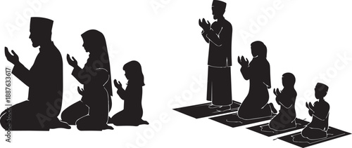 Muslim family praying together in silhouette showing devotion and religious unity