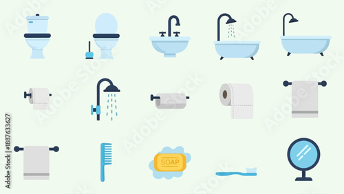 Collection of Bathroom Fixtures and Accessories Flat Icons.