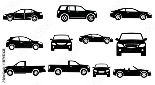 Collection of diverse car silhouettes in various styles and views.