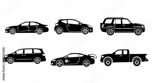 Collection of Diverse Vehicle Silhouettes on White Background.