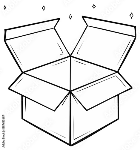 Open cardboard box with abstract sparks above symbolizing discovery surprise or delivery