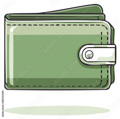 Stylish Green Bifold Wallet with Snap Closure Hand Drawn Illustration