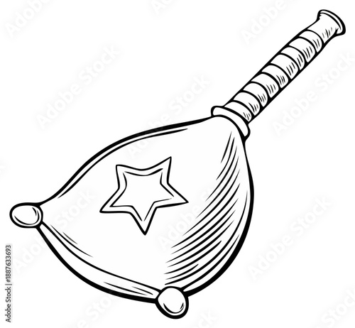 Funny squeaky toy hammer with a star symbol, black and white line art illustration