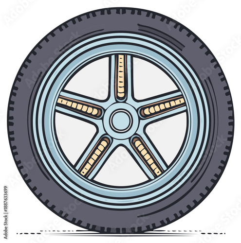 Stylized illustration of a car wheel with five spoke rim design in light blue, dark grey tire, vector illustration