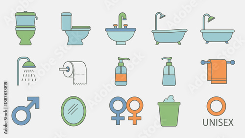 Bathroom Fixtures and Accessories Icons Set.