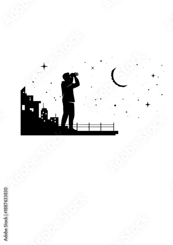 Urban Stargazing Silhouette, Person Looking at Night Sky with Binoculars, Astronomy Hobby and Evening Leisure Activity Vector
