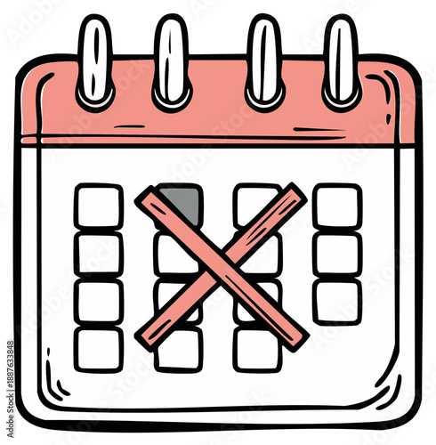 Doodle style calendar with dates marked and large red cross indicating cancellation or canceled event