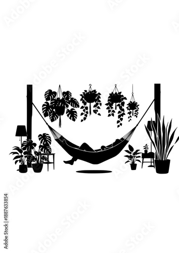Indoor Hammock Relaxation Silhouette, Biophilic Home Design and Plant Parent Lifestyle, Stress Relief and Leisure Time Concept Vector