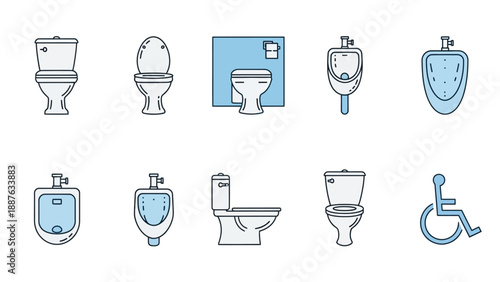Collection of toilet and urinal icons with accessibility symbol.