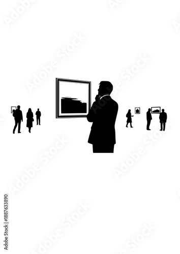 Art Gallery Visitor Silhouette, Person Contemplating Museum Painting, Creative Culture and Sophisticated Exhibition Vector Design