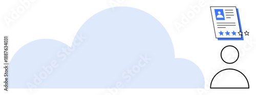 Large cloud shape, user icon, profile document with star rating. Ideal for recruitment, HR technology, cloud computing, talent management, profile storage, digital systems simple flat metaphor
