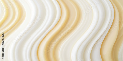 An abstract white background featuring creamy waves and smooth liquid swirls of milk or yogurt creates a macro dessert texture