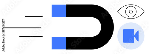 Marketing, communication, media creation, advertising strategy, digital magnetism, viewer engagement. A magnet with lines and symbols of an eye and a video camera. Marketing and media creation