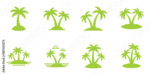 Set of 8 Green Palm Tree Island Vector Icons