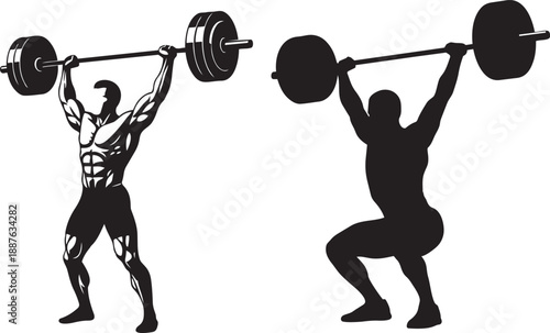 Black and white illustration of a muscular man lifting a barbell overhead