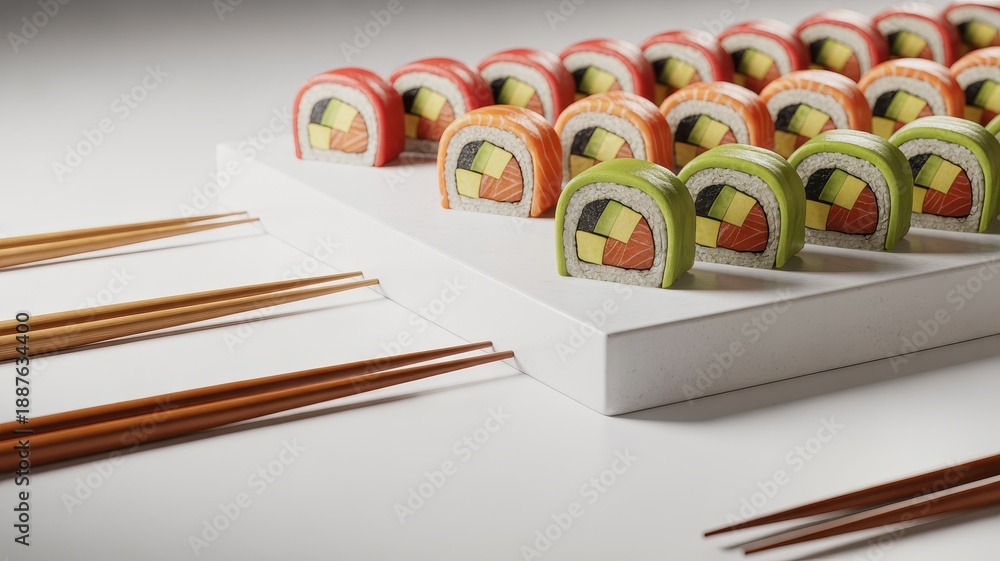 Naklejka premium Assorted sushi rolls arranged on a tray with chopsticks