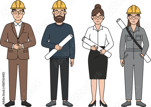 Group of four construction engineers or architects with hard hats and blueprints