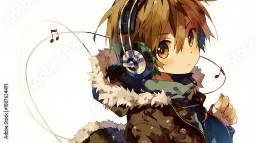 Lofi music vibes anime character with headphones in chill environment cozy concept