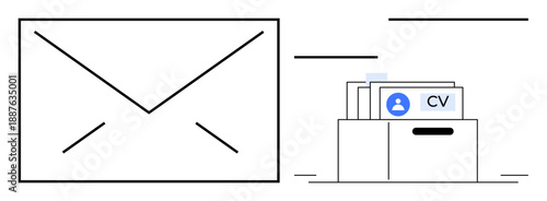Job application concept. Envelope and CV folder submitting resumes for job opportunities. Job application processes and document preparation. For recruitment, career platforms, HR systems, employment