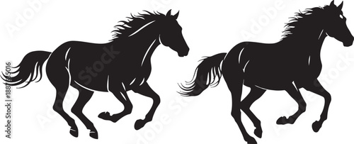 Two majestic horses galloping black silhouette illustration dynamic equine movement depicted