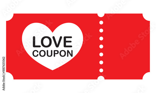 Love Coupon Heart Valentine Discount Ticket. Cute illustrated love coupon with red heart and playful typography, ideal for Valentine’s Day promotions, romantic gifts, and special discount offers.

