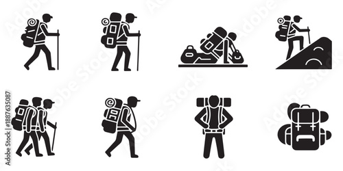 Set of 8 Hiking and Backpacking Glyph Icons Vector