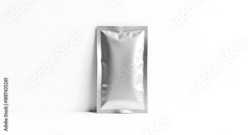A shiny silver foil pouch standing upright on a white background