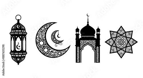 Traditional Ramadan Kareem Icon Set Featuring Elegant Lantern Decorative Crescent Moon Detailed Mosque And Mandala Star