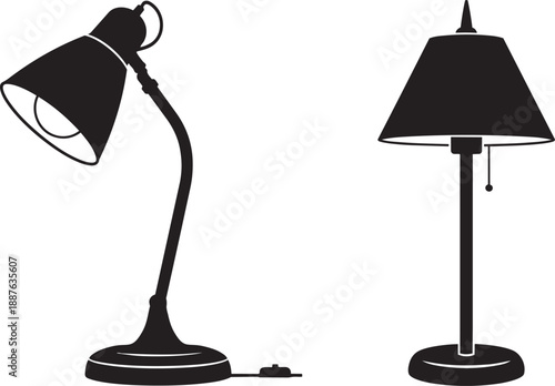 Two black silhouette lamps a desk lamp and a traditional table lamp