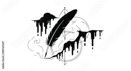 Mysterious quill pen dripping ink against a celestial backdrop, evoking creativity and dark inspiration.