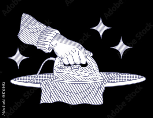 Vintage Engraving Illustration of a Hand Holding Electric Iron on Ironing Board,perfect for domestic chores, laundry services, or retro-themed design projects.