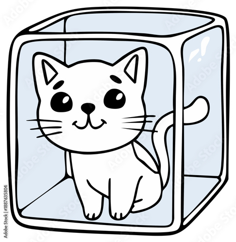 Cute cartoon white kitten trapped in a clear cube illustration