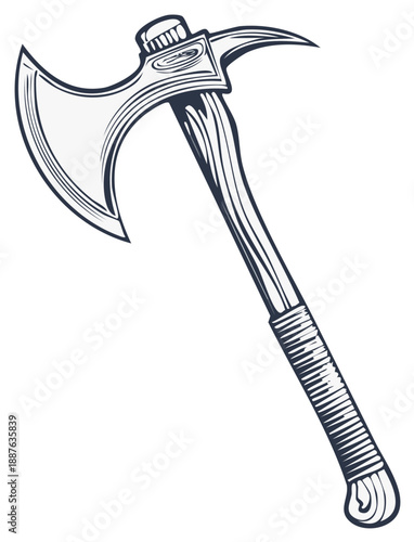 Illustration of a medieval axe with a curved blade and wooden handle, vintage style.