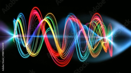 Electromagnetic waves represented as neon sinusoidal curves spreading through air