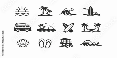 Set of vector travel and summer icons featuring sun, palm tree, beach umbrella, and boat illustrations for vacation and sea tourism design