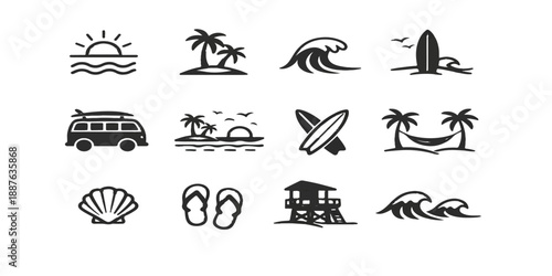 Set of vector travel icons including summer beach symbols, sun, palm tree, car, airplane, and boat illustrations for vacation tourism and sea holiday nature design