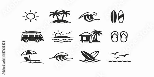 A tropical travel icon set featuring vector illustrations of a sun, palm tree, and boat on a summer beach island surrounded by ocean waves and nature elements for a vacation holiday design
