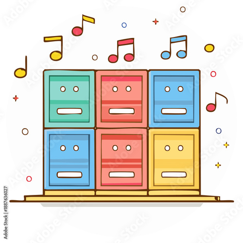 Playful cartoon musical notes and colorful storage drawers with happy faces