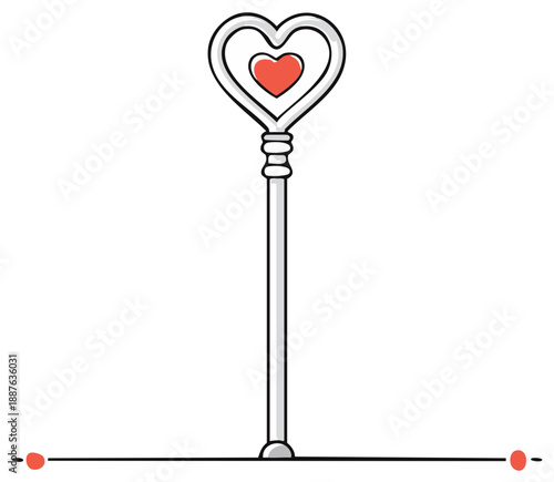 Whimsical Heart Wand with Red Center Detailed Line Art Valentine Holiday Decoration or Love Symbol Graphic Element Isolated