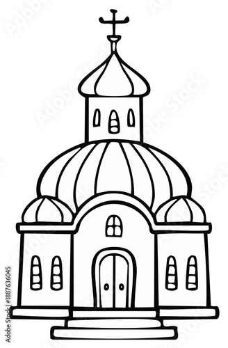 Outline Drawing of an Eastern Orthodox Church with Domes and Cross