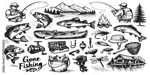 Vintage hand drawn vector collection featuring a retro sketch illustration set of different animals and fish in a doodle art style