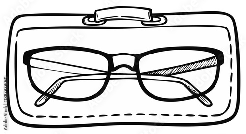Eyeglasses in a protective case hand drawn black and white line art illustration