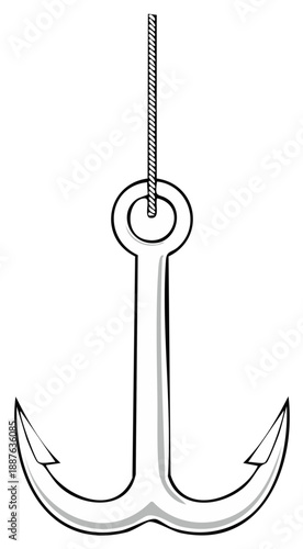 Hanging metallic anchor outline illustration of a nautical vessel tool on a rope, isolated graphic element design