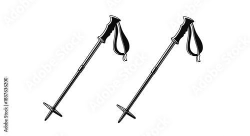 Pair of black and white ski poles with adjustable straps and baskets illustrated in a graphic style isolated on white.