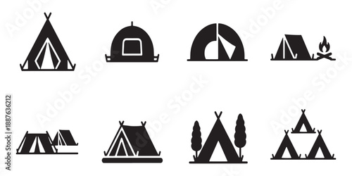 Set of 8 Black Camping Tent Icons Vector