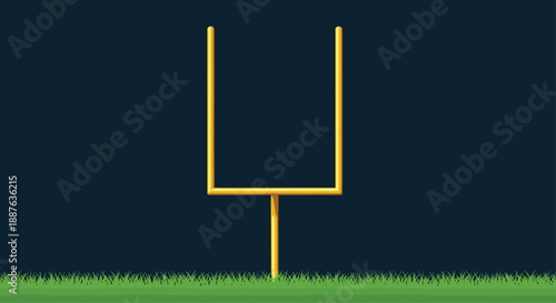 Yellow American football goal post standing on a green grass field against a dark navy blue background at night time.